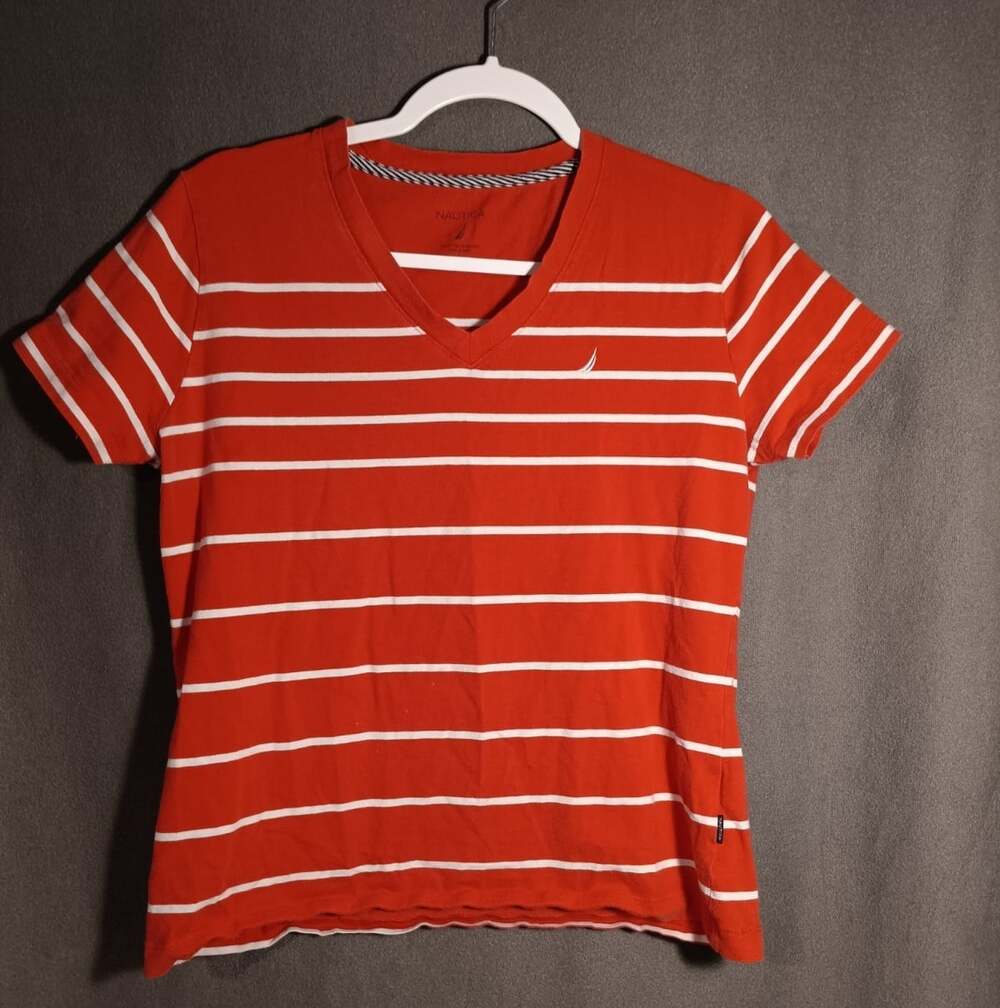 Nautica Salmon Pink Stripe V Neck Large Short Sleeve Basic Tee Casual Cotton